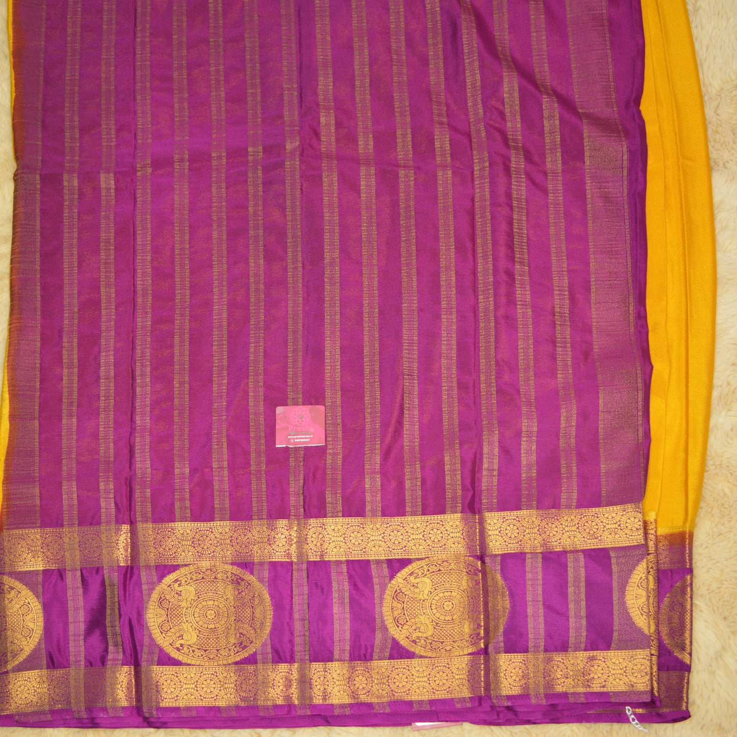 Yellow with magenta semi mysore crepe bentex butta
