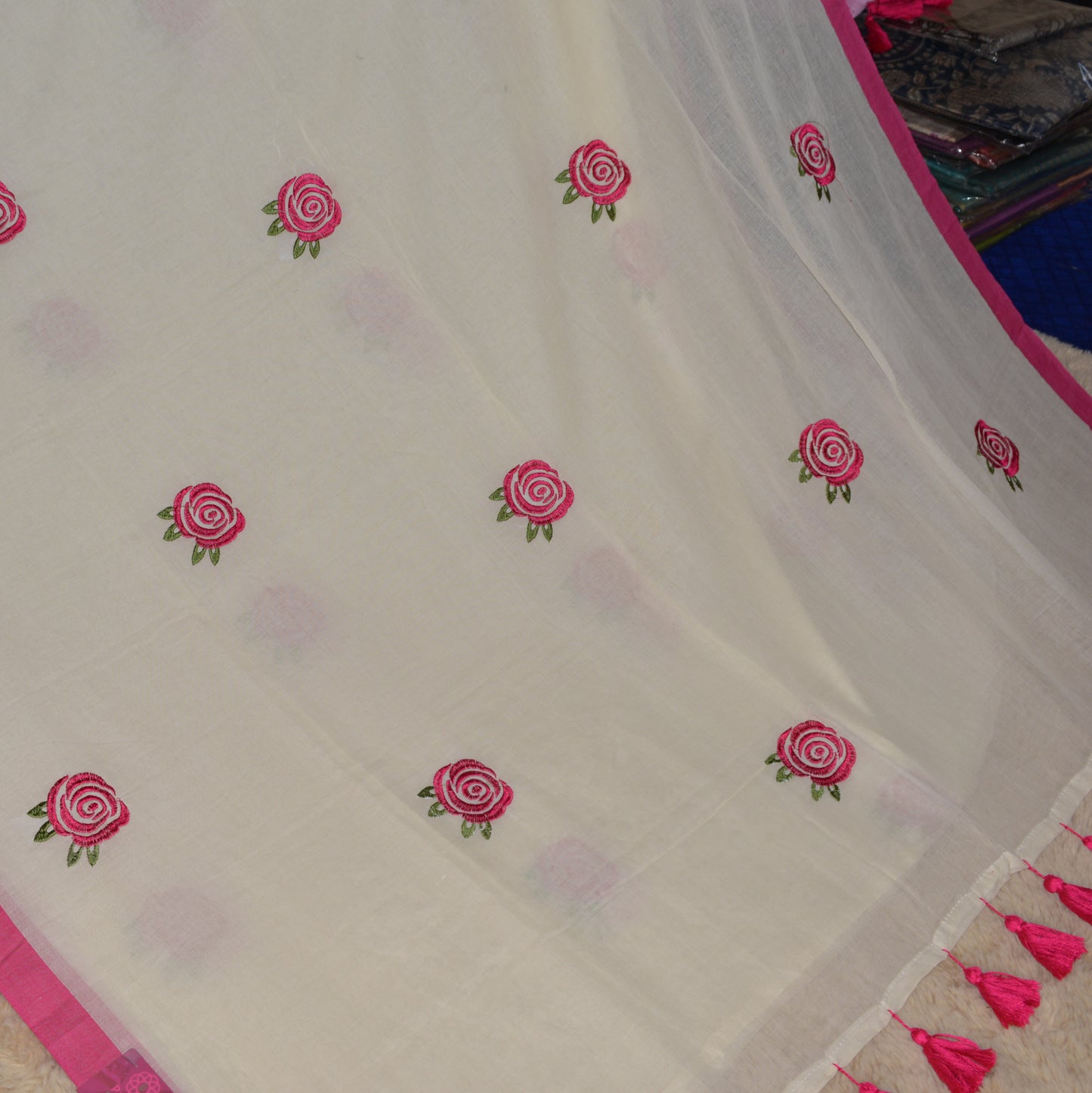 Half-white with pink mul cotton embroidery saree