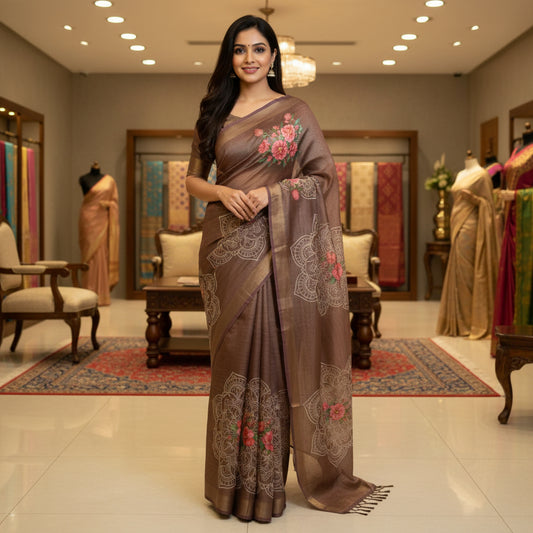 Brown soft tissue  saree