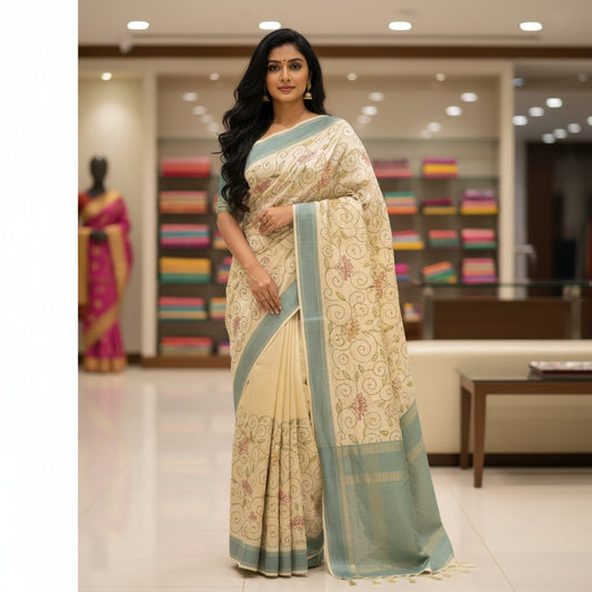 Half-white tussar saree with kantha embroidery