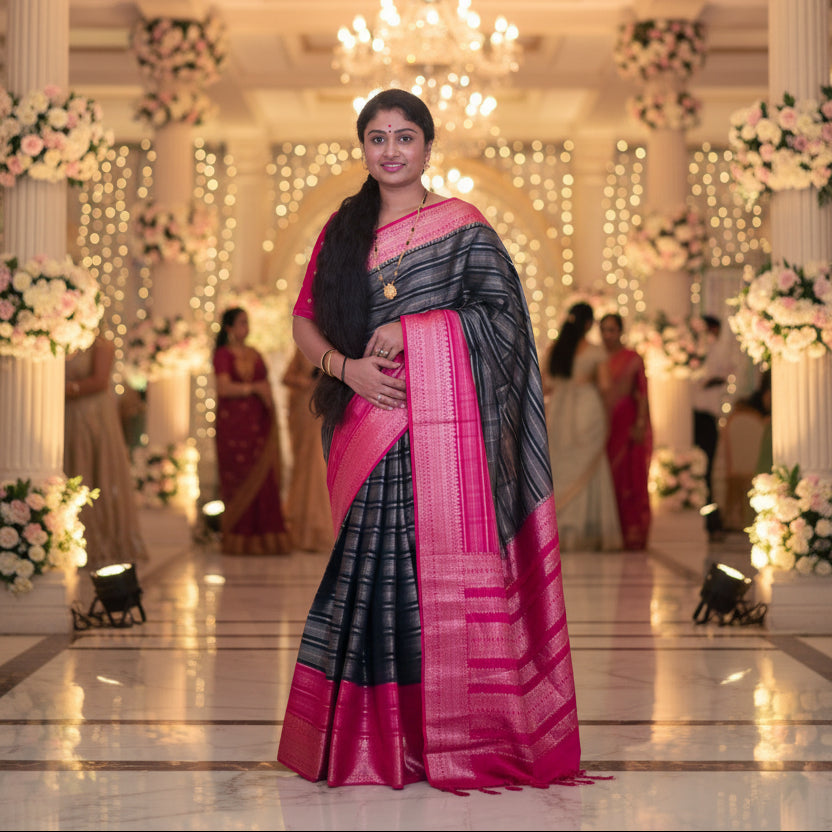 Black and pink semi mysore crepe zari lines