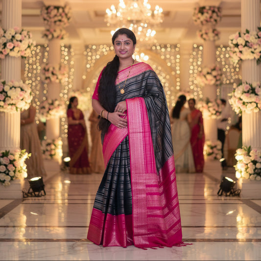 Black and pink semi mysore crepe zari lines