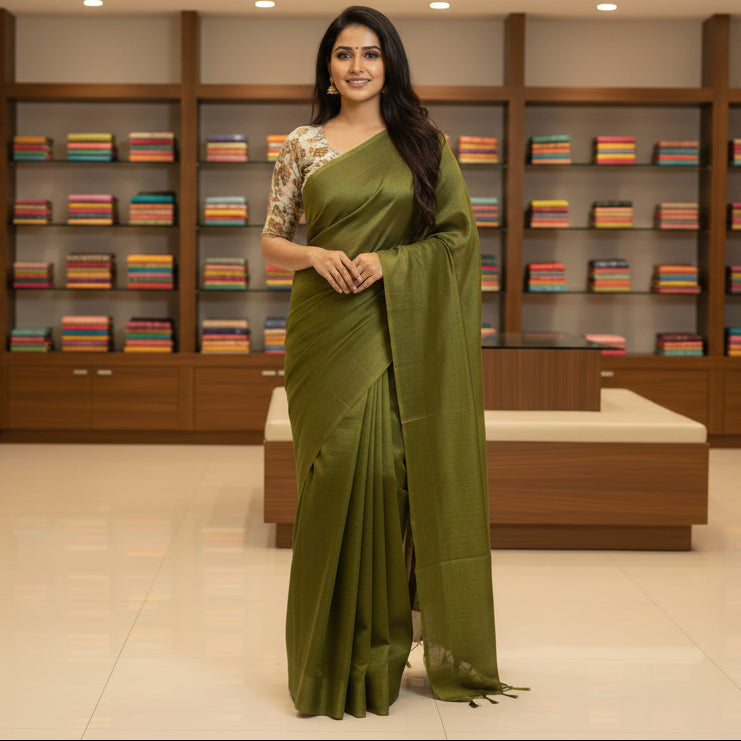 green khadi cotton saree-kalamkari blouse