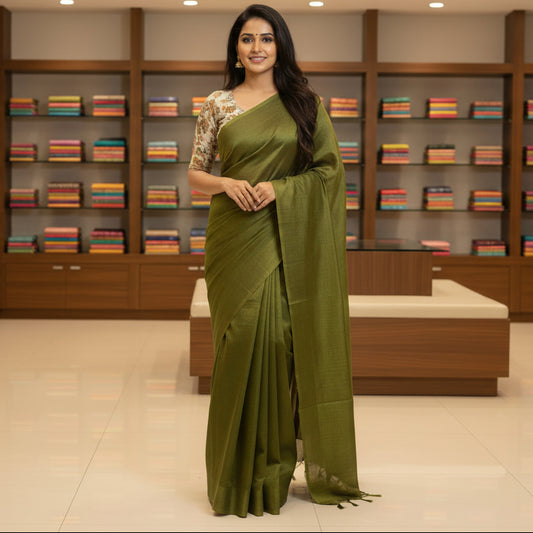 green khadi cotton saree-kalamkari blouse