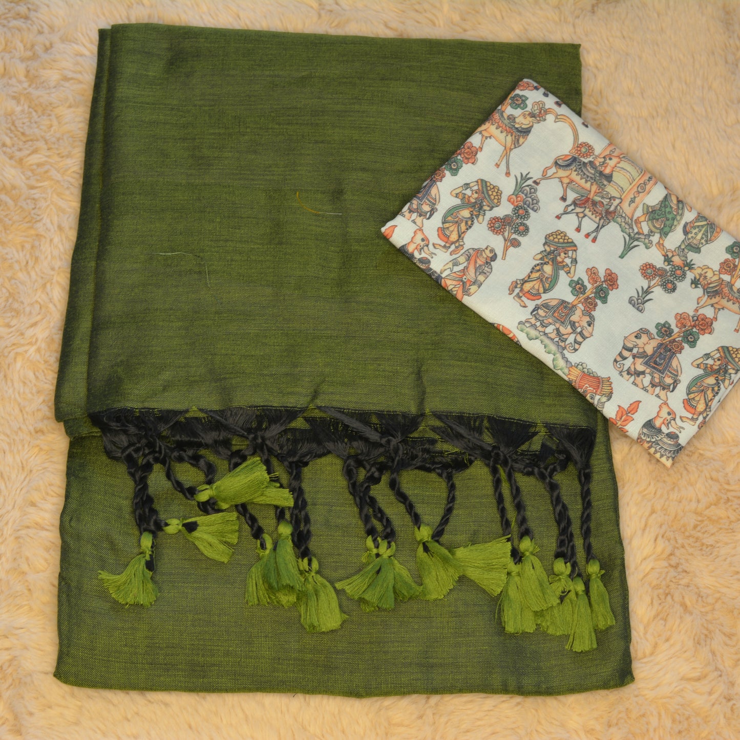 green khadi cotton saree-kalamkari blouse