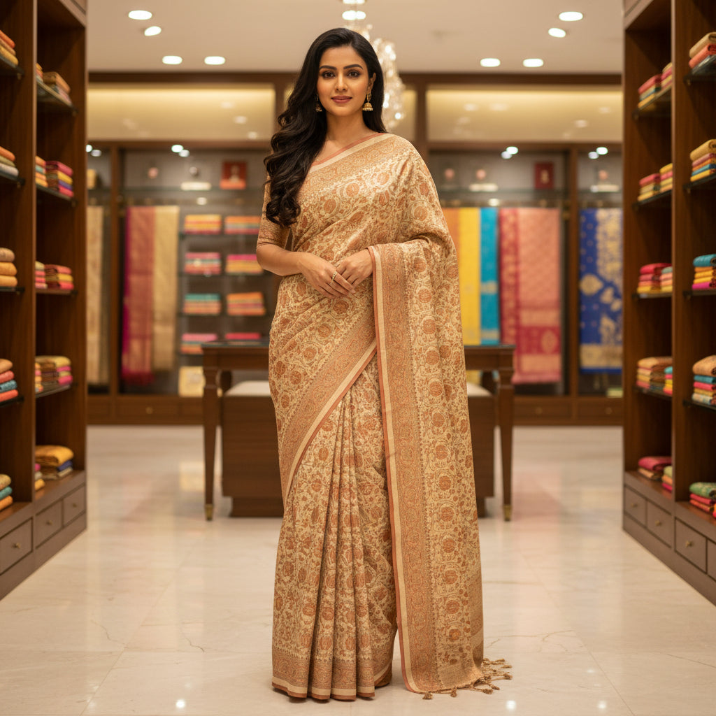 Pastel orange handblock printed saree
