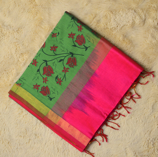 Green and pink venkatagiri silk cotton printed saree