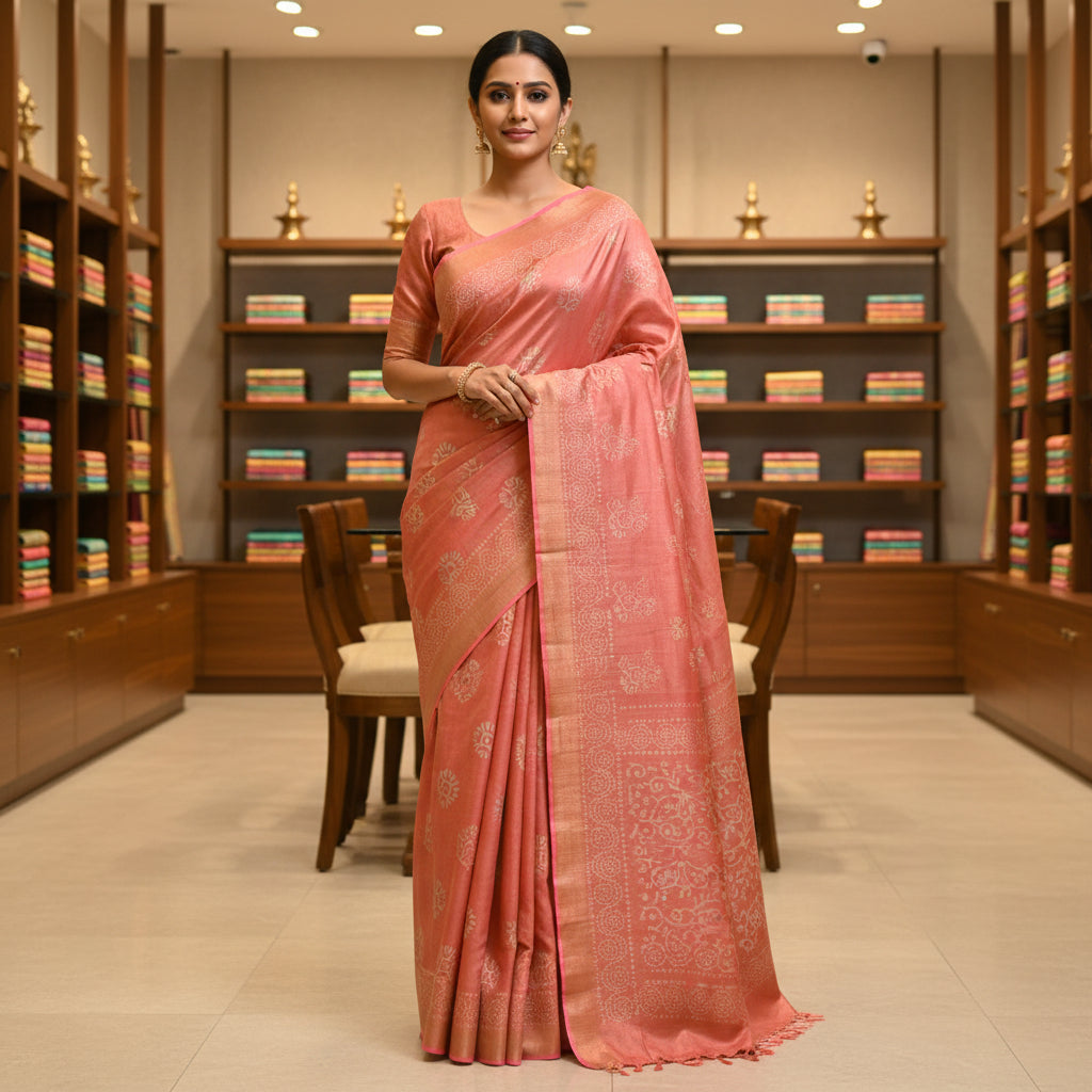 Pink moonga silk batik printed saree