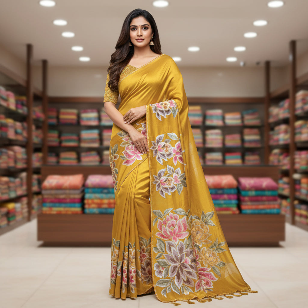 Mustared yellow pure tissue embroidery saree