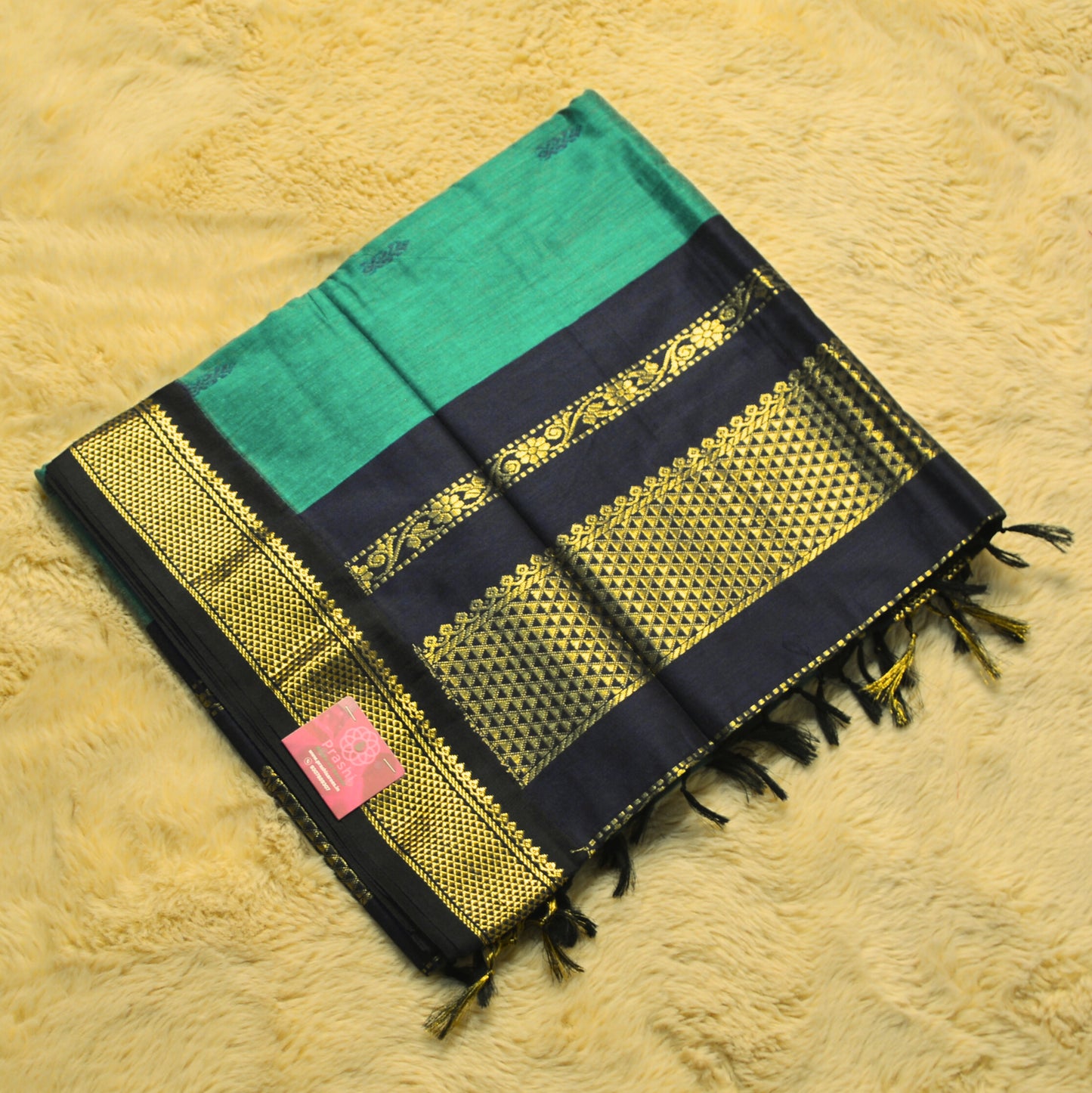 teal blue with blue kalyani cotton border saree