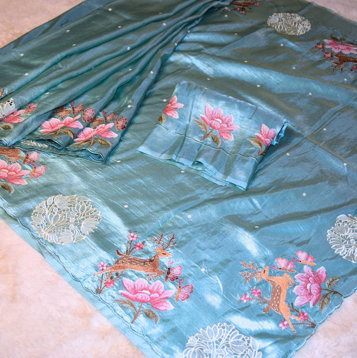 Aqua blue Dol silk cutwork embroidery saree