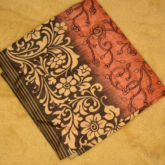 Onion pink soft tussar embroidery saree with black contrast