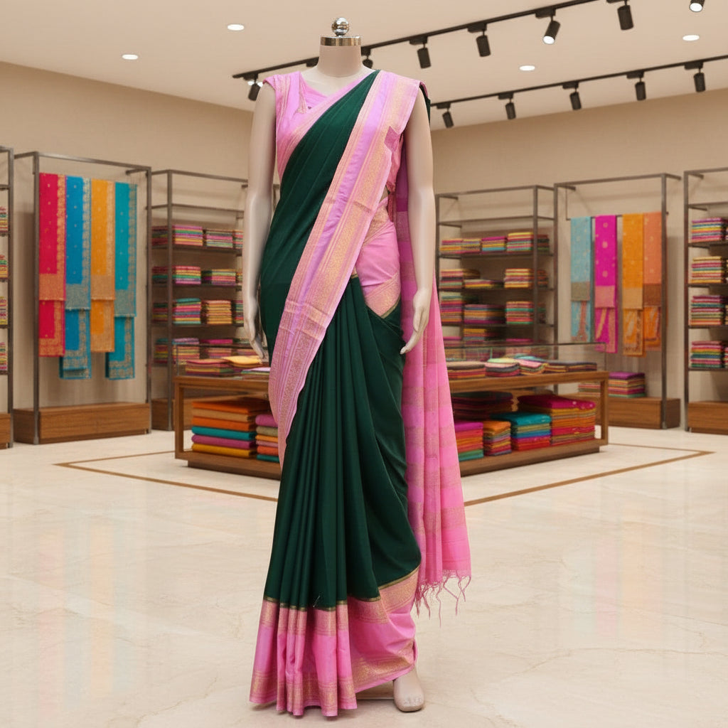 Bottle green with baby pink semi mysore crepe bentex