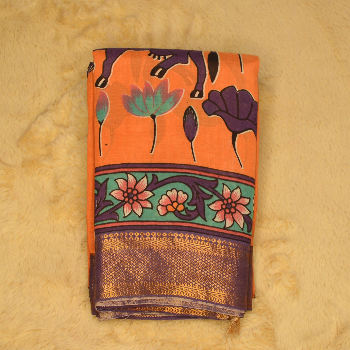Orange with purple kalamkari silk saree