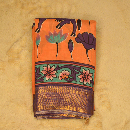 Orange with purple kalamkari silk saree