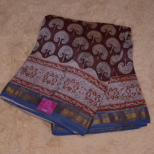 Brown ajrakh handblock printed pure maheshwari silk saree