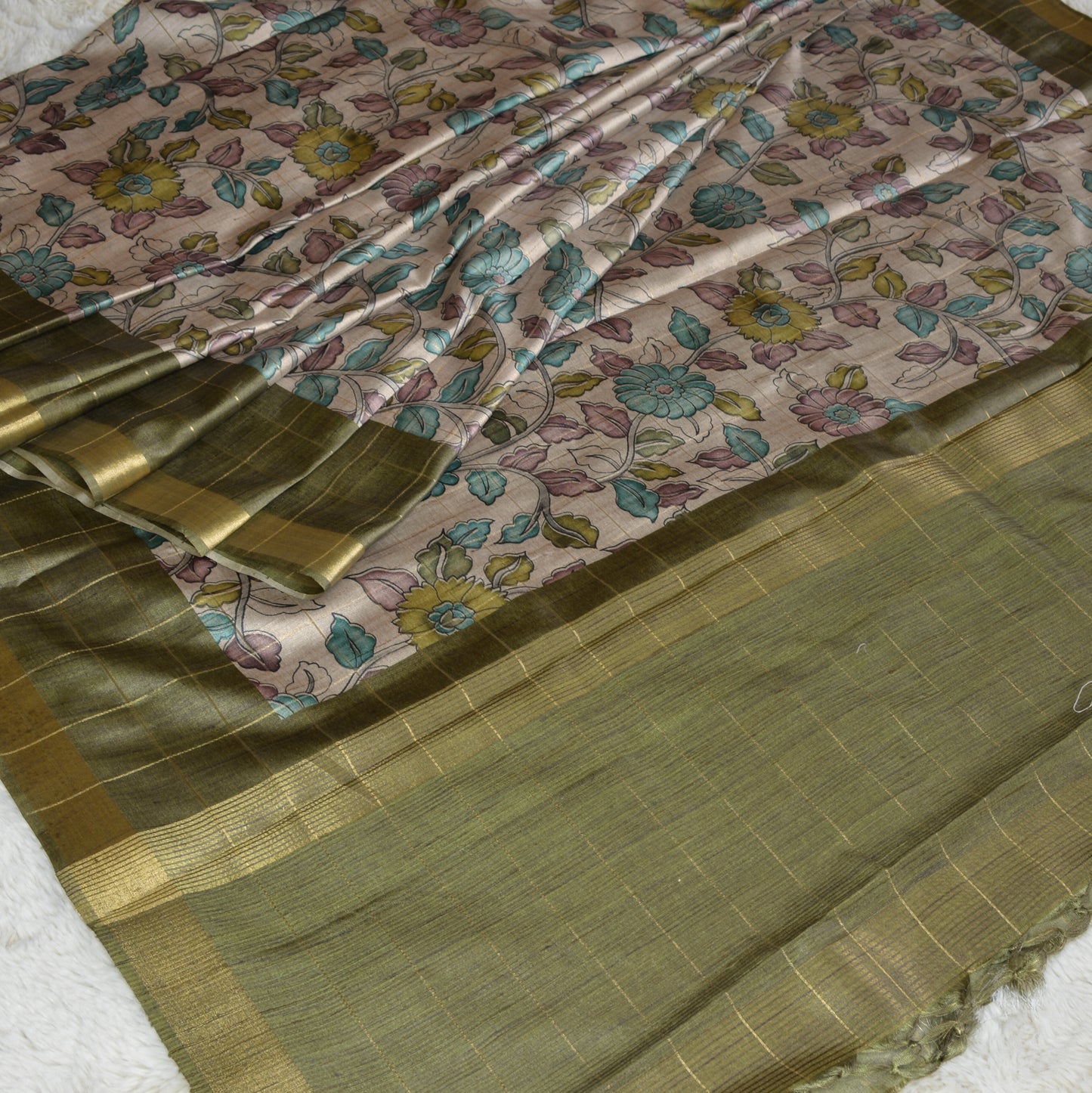 Grey with pista green tussar checks kalamkari saree