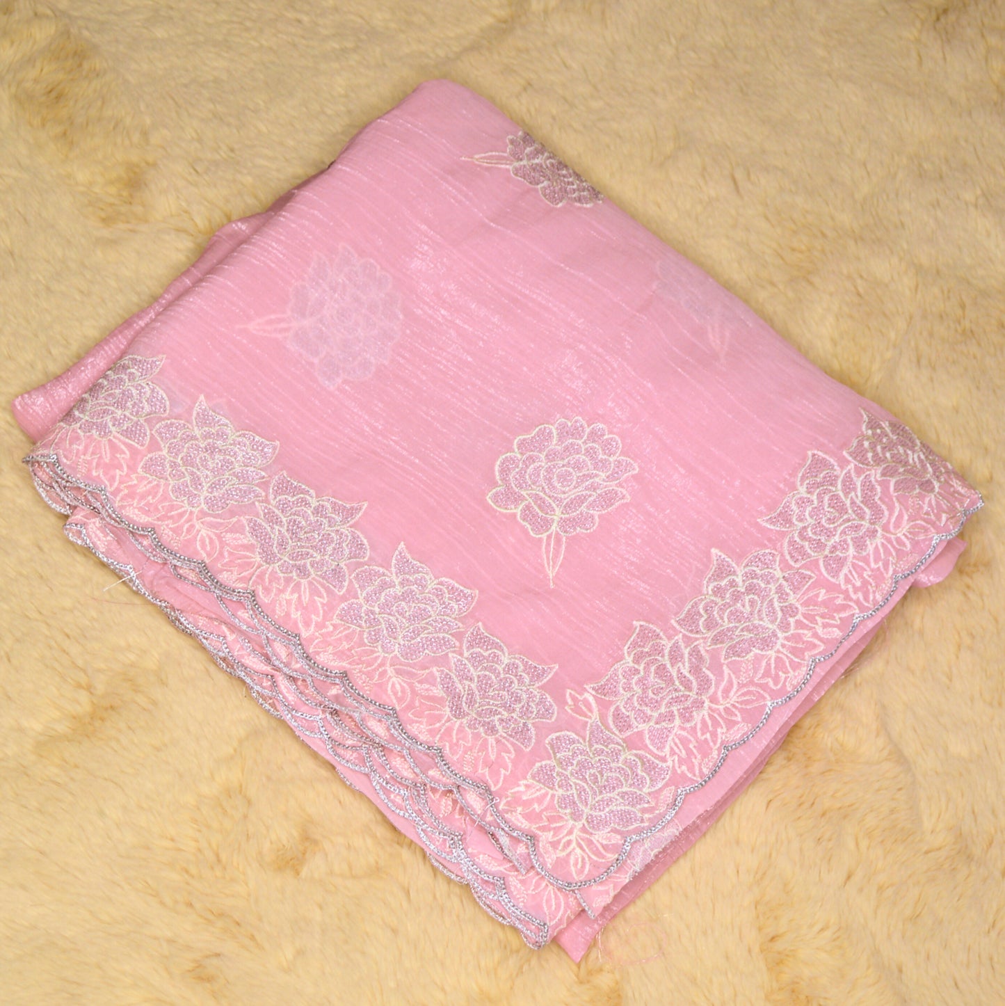Baby pink crush chiffon floral embroidery saree