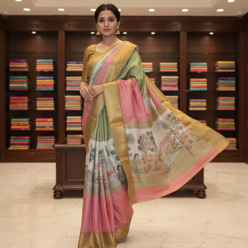 Multi colour cotton blend kalamkari border saree