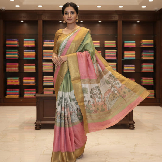 Multi colour cotton blend kalamkari border saree