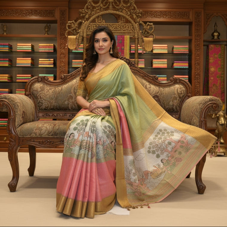 Multi colour cotton blend kalamkari border saree