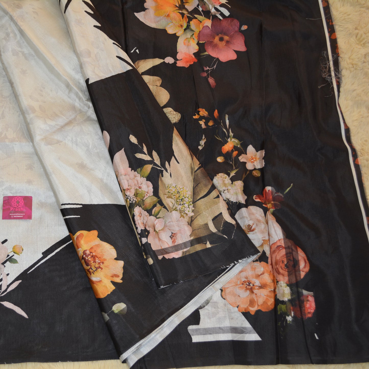 Half-white with black contrast canon silk saree