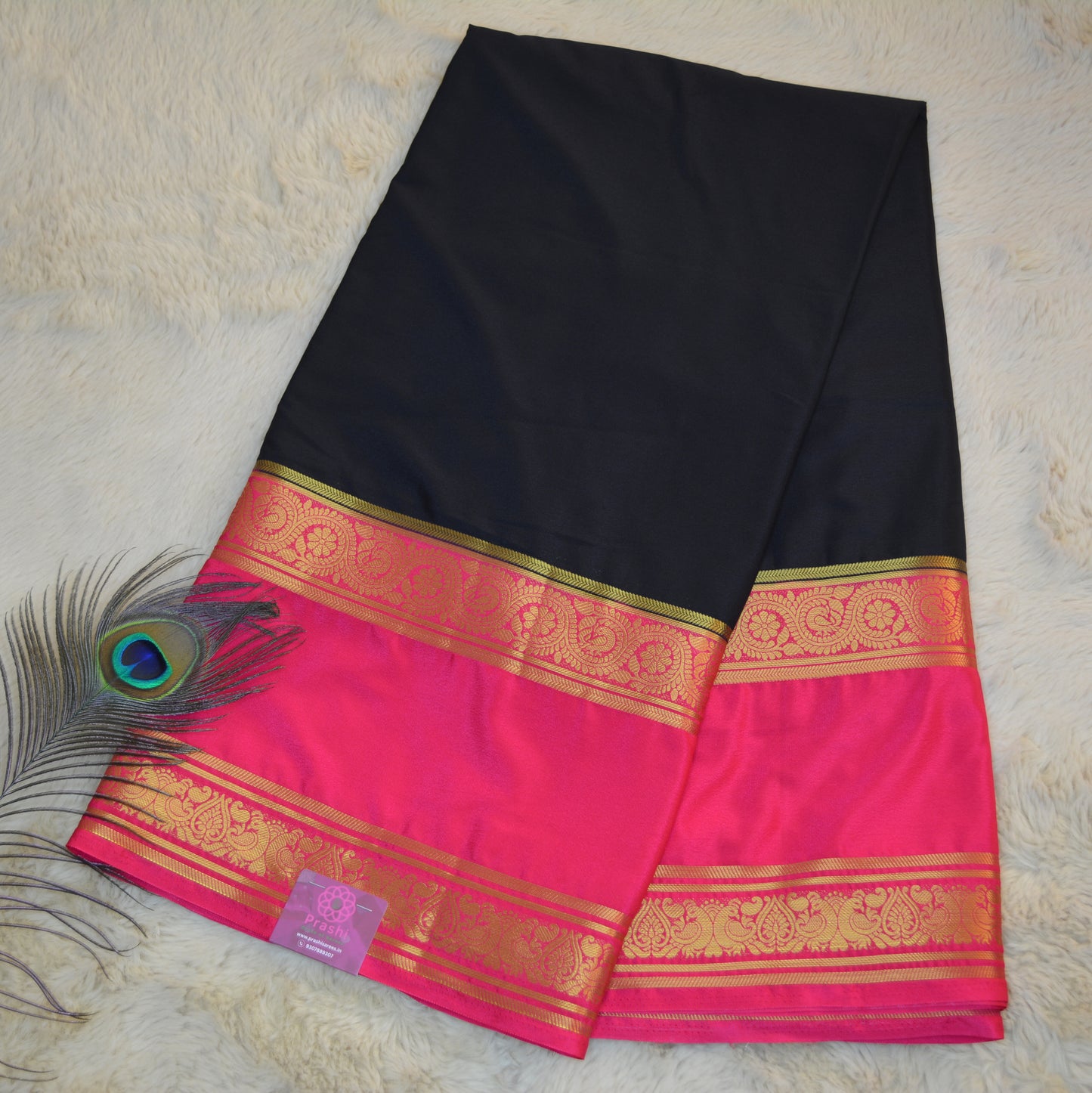 Black with pink semi  mysore crepe bentex saree