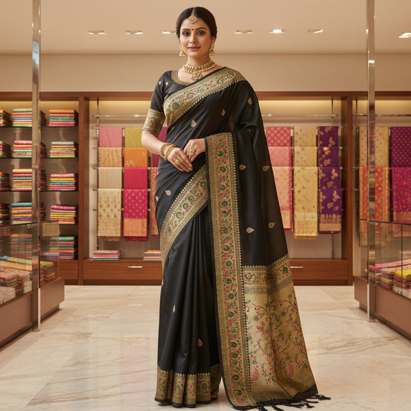 Black semi paithani silk saree