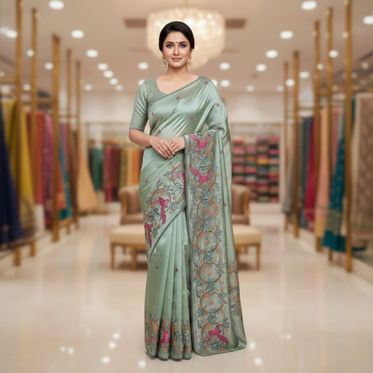 Pista green tissue embroidery saree