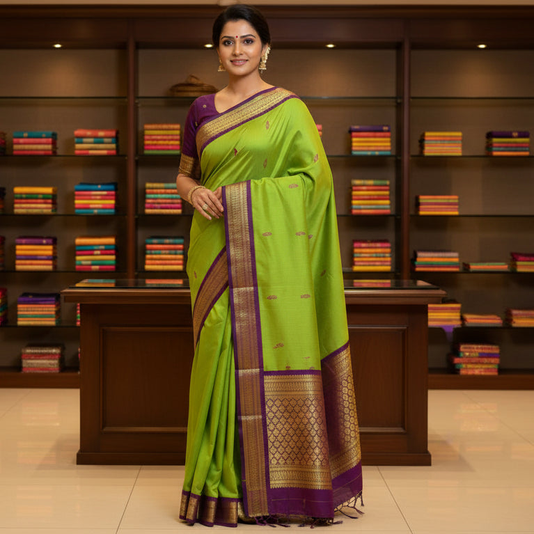 Parrot green and purple handloom cotton saree
