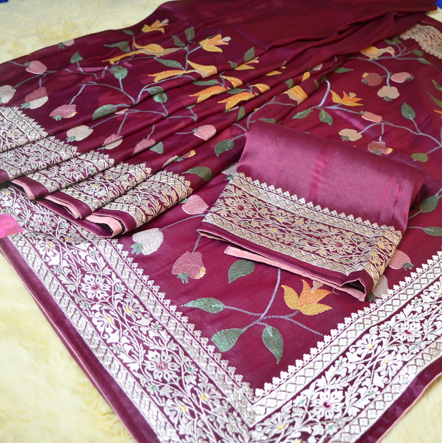 Wine colour tissue german silver work saree