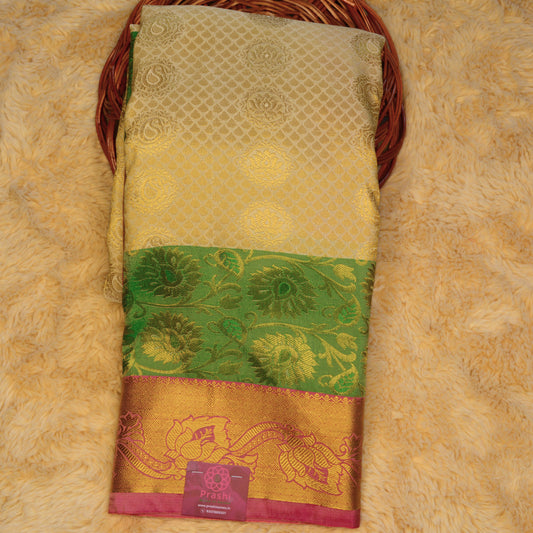 Half-white with green pink border kanchi semi silk saree