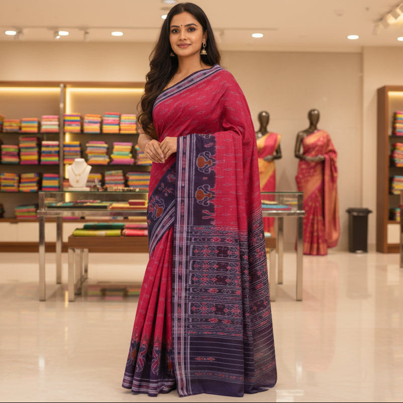 Red triple layer sabalpuri handloom saree