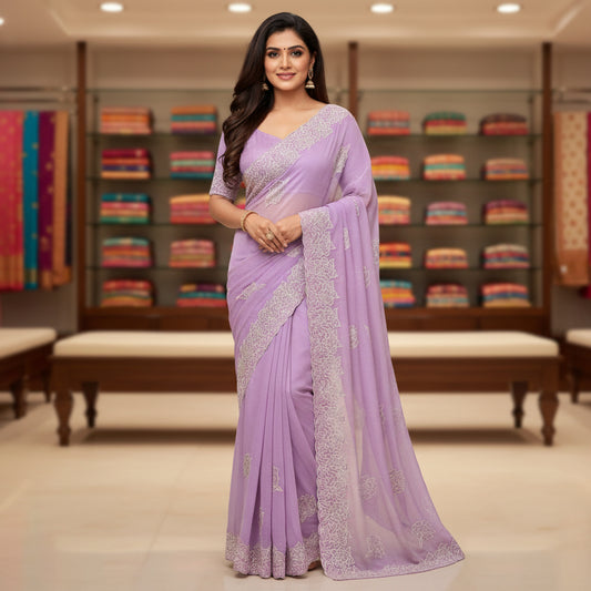 Lavender crush chiffon floral embroidery saree