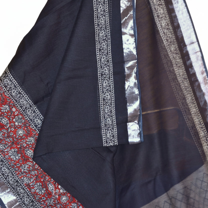 Black pure linen handblock printed