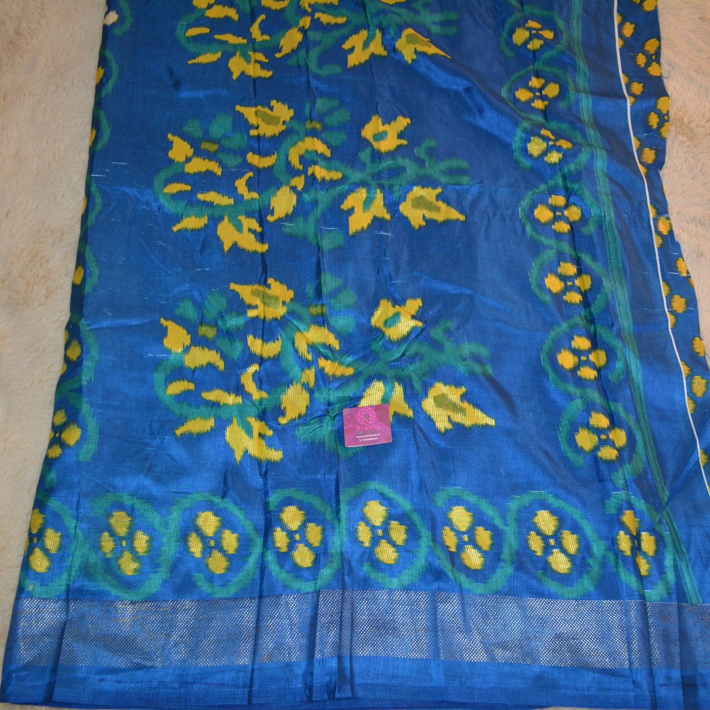 Yellow with blue ikkat semi dola silk saree