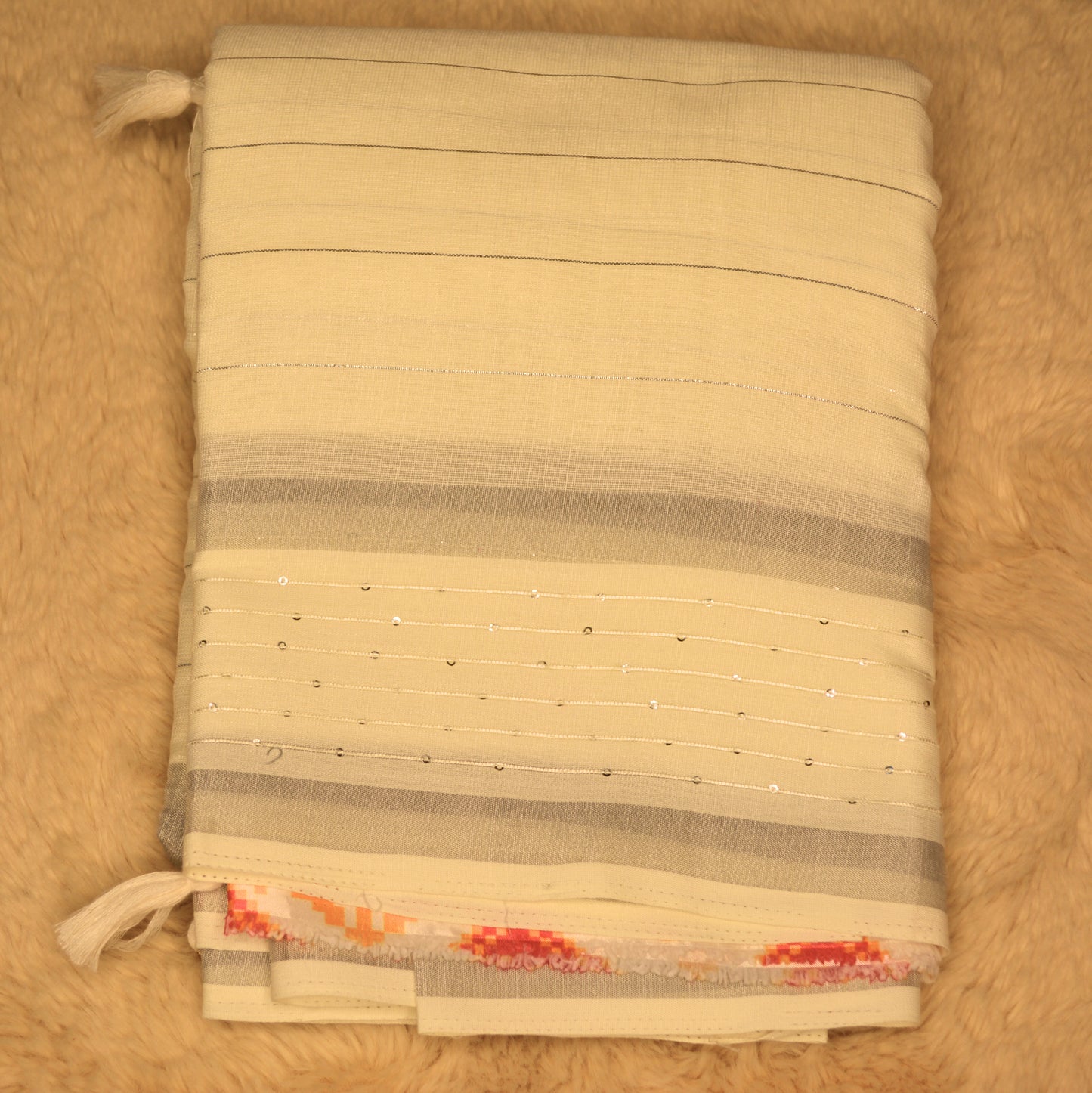 Half white linen sequin work saree