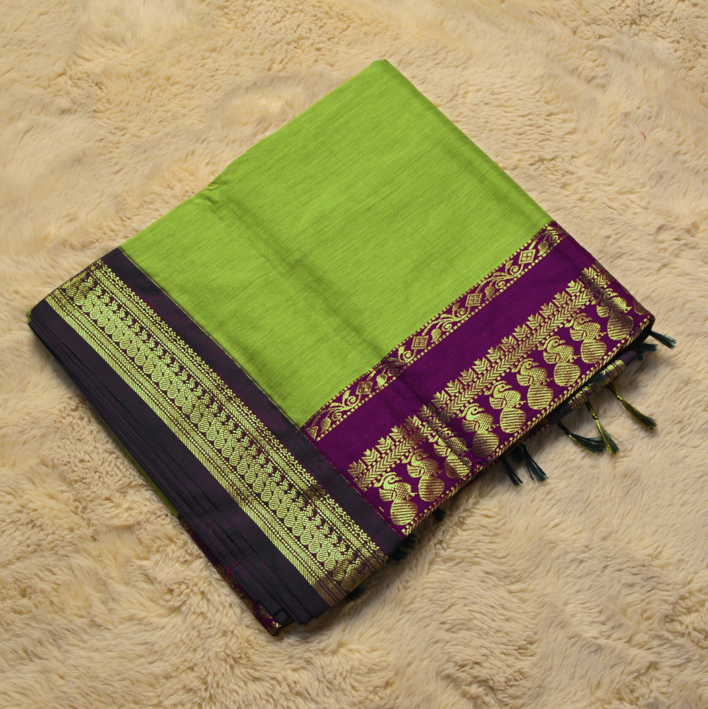 Parrot green with magenta kalyani cotton border saree