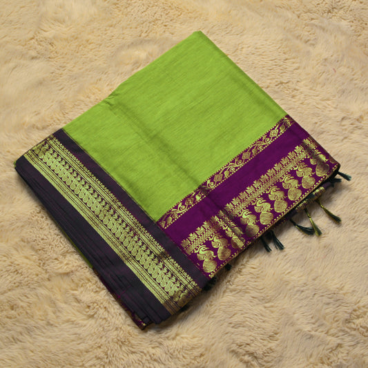 Parrot green with magenta kalyani cotton border saree