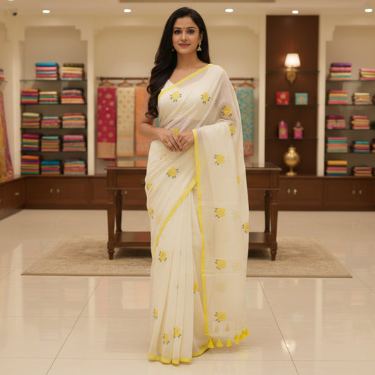 Half-white with yellow mul cotton embroidery saree.