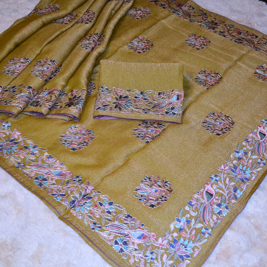 Olive green crush tissue embroidery saree