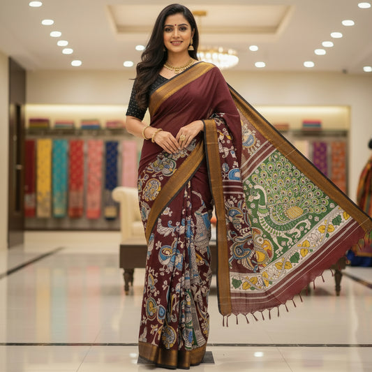 brown and black kalamkari silk saree