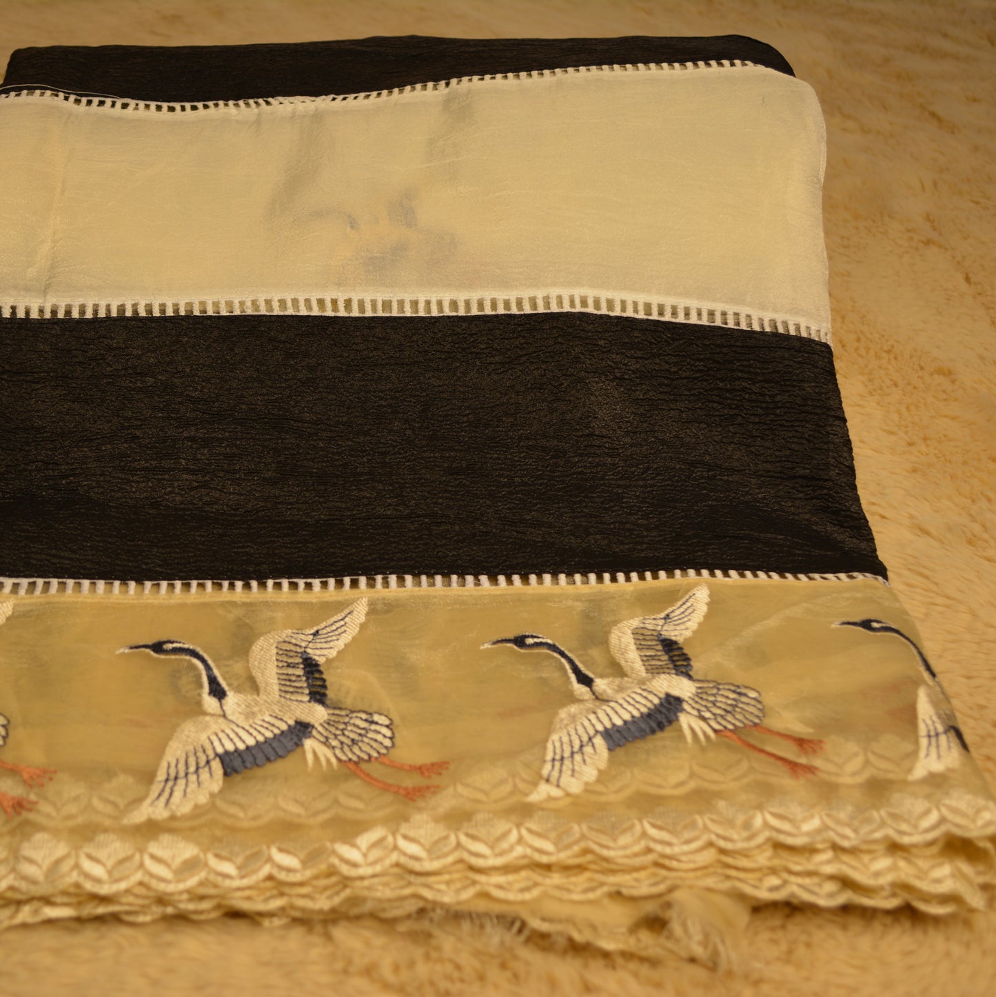 Crush tissue white and black embroidery saree