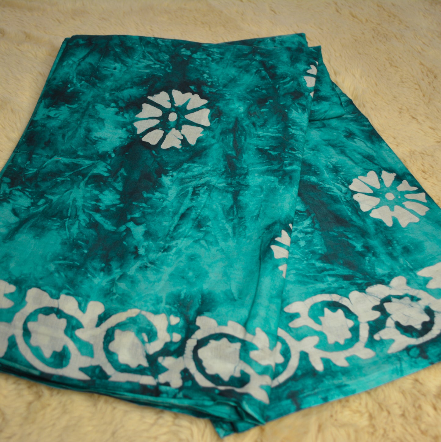 Rama green mul cotton bhatik print saree