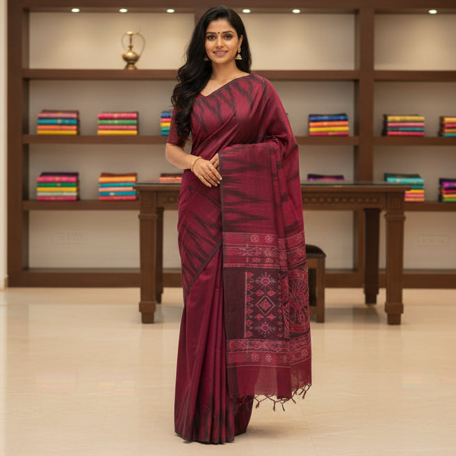 Maroon Handloom manibanbandha ikkat cotton saree