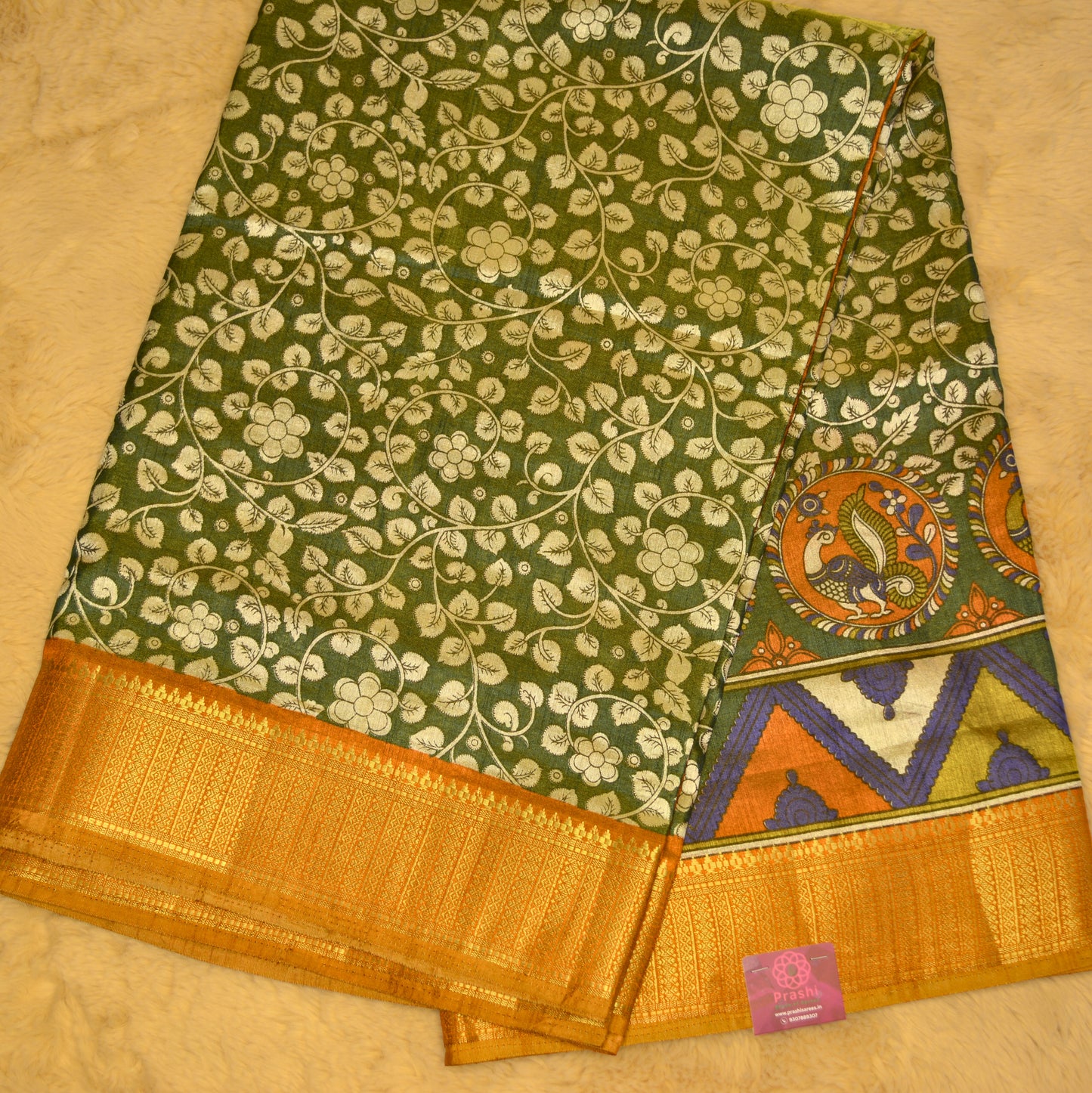 Mehandi green with rust orange patola saree