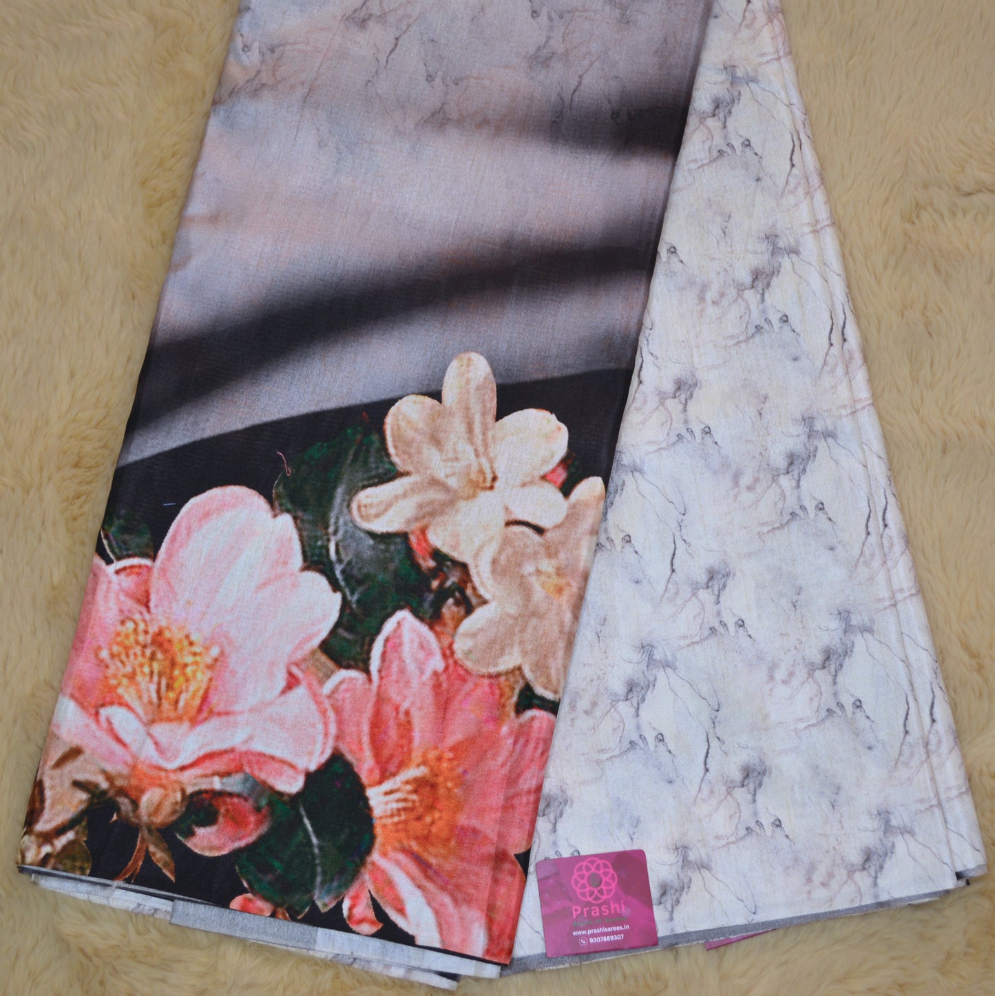 Half-white with black contrast canon silk saree