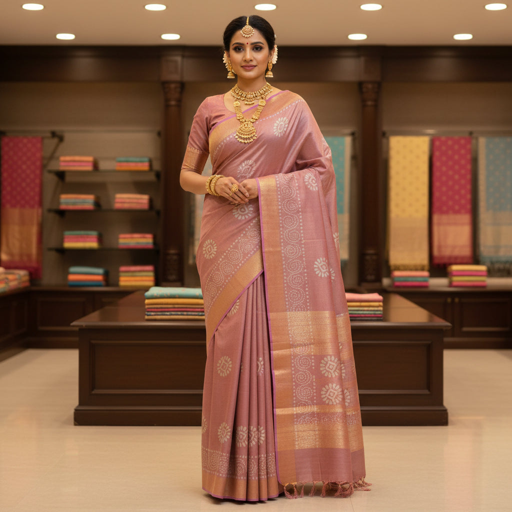 Lavender moonga silk batik printed saree