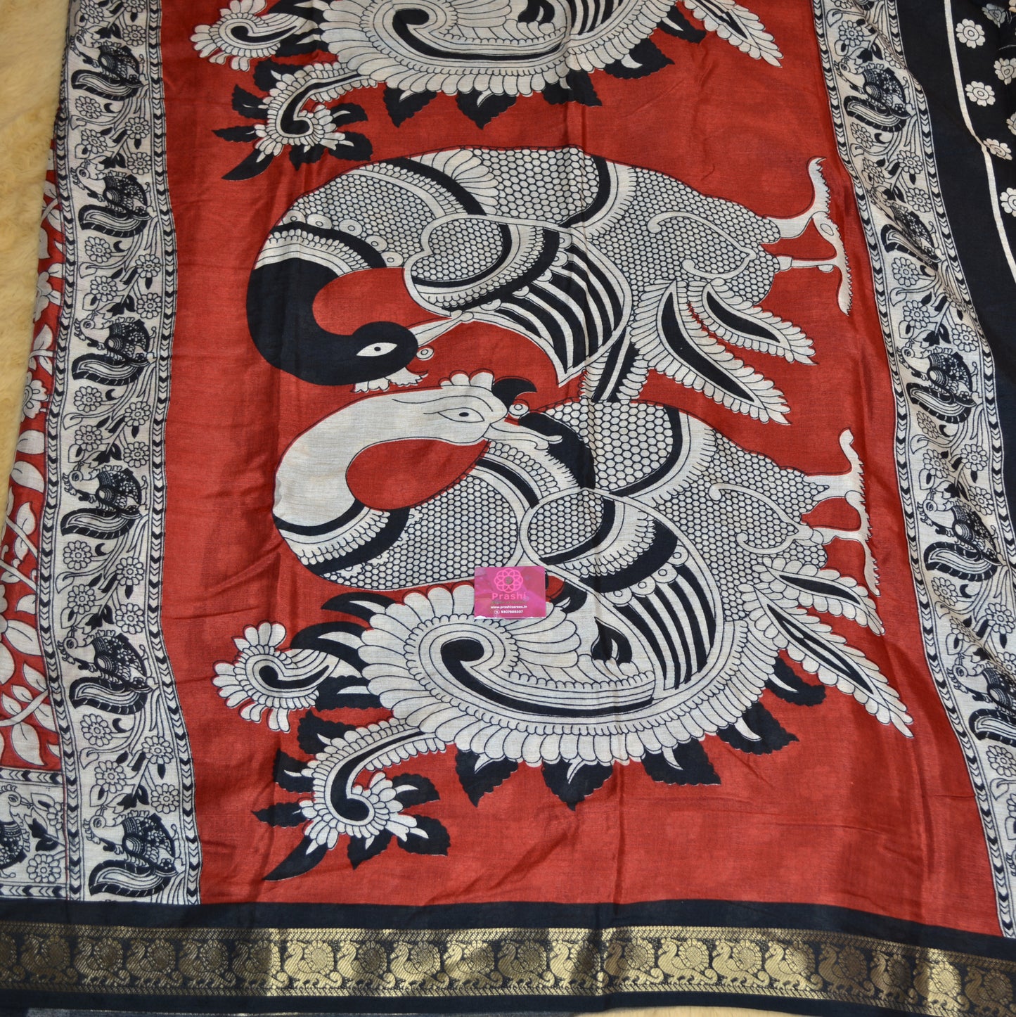 Red and black contrast kalamkari soft cotton saree