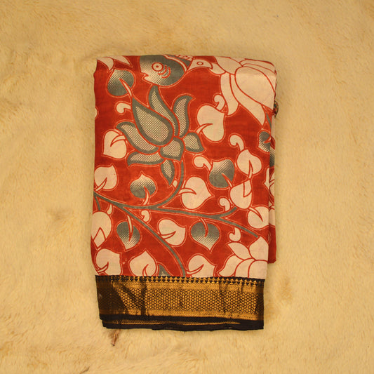 Red kalamkari nizam border silk saree